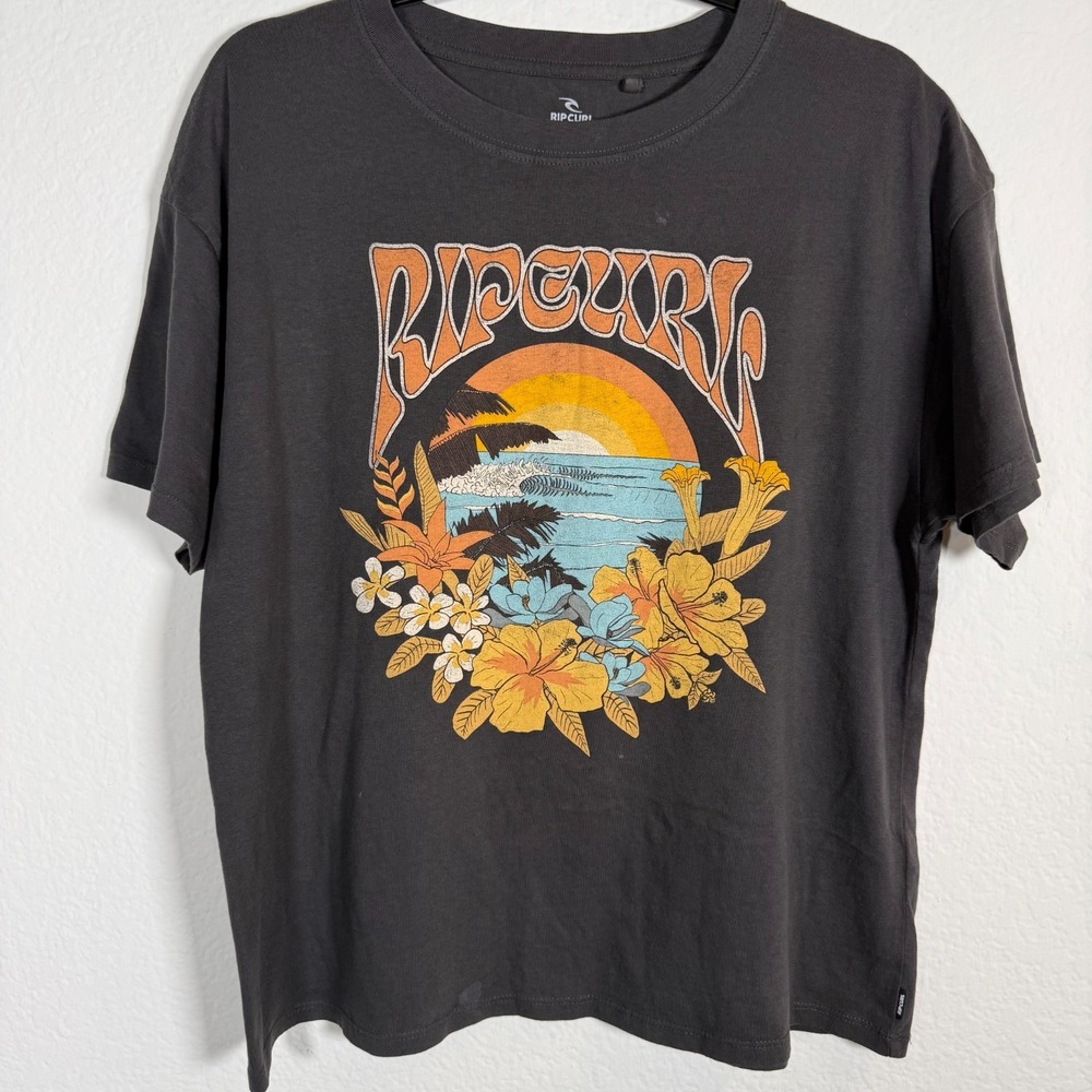 Rip Curl Graphic T-Shirt Women Medium Gray Tropical Floral Surf Short Sleeve